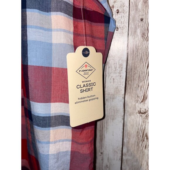 St. Johns Bay Women's Classic Red Navy Plaid Sleeveless Button Shirt 3X - Picture 5 of 7